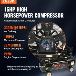 VEVOR 15HP Gas Powered Air Compressor, 30 Gallon Horizontal Air Compressor Tank, 33CFM@115PSI Gas Driven Piston Pump Air Compressed System with 115PSI Max Pressure for Construction Sites Workshop
