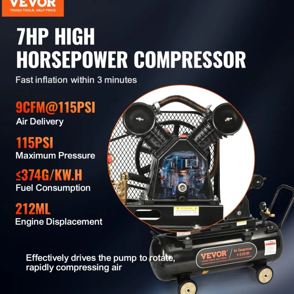 VEVOR 7HP Gas Powered Air Compressor, 13.2 Gallon Horizontal Air Compressor Tank, 9CFM@115PSI Gas Driven Piston Pump Air Compressed System with 115PSI Max Pressure for Construction Sites Workshop