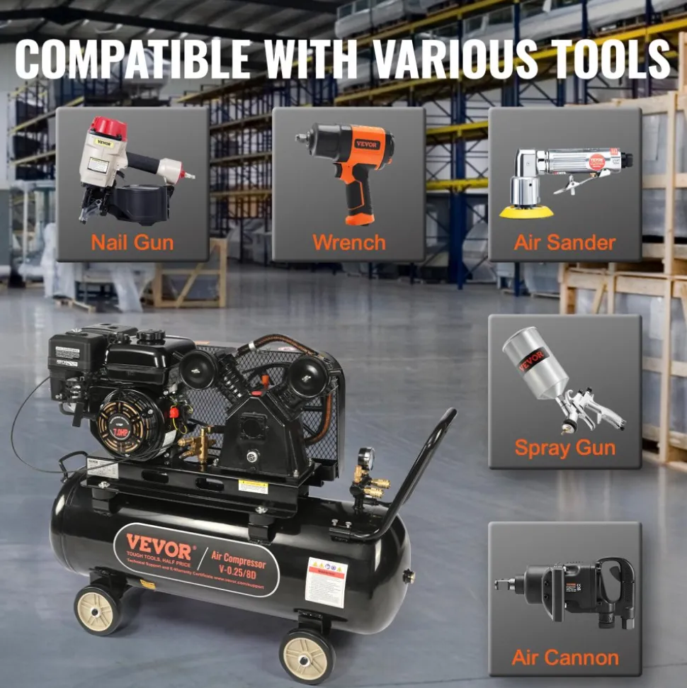 VEVOR 7HP Gas Powered Air Compressor, 13.2 Gallon Horizontal Air Compressor Tank, 9CFM@115PSI Gas Driven Piston Pump Air Compressed System with 115PSI Max Pressure for Construction Sites Workshop