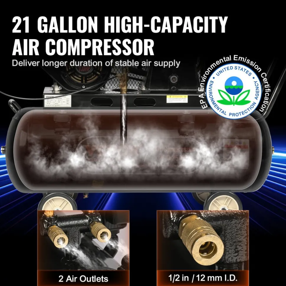 VEVOR 7HP Gas Powered Air Compressor, 13.2 Gallon Horizontal Air Compressor Tank, 9CFM@115PSI Gas Driven Piston Pump Air Compressed System with 115PSI Max Pressure for Construction Sites Workshop