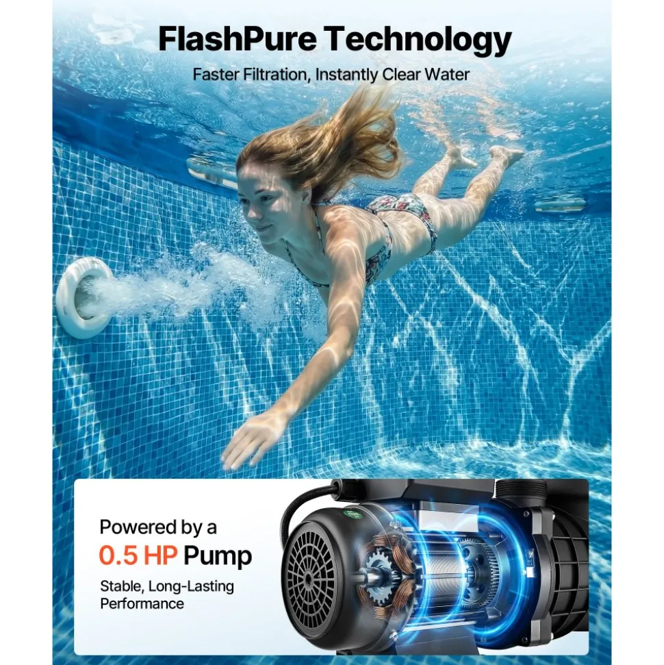 VEVOR 0.5 HP 3000 GPH FlashPure Sand Filter Pump, 12 Inch Swimming Pool Pump, 6X Faster Filtration, Leak-Proof Design, Pre-Loaded Media with Timer, Filtration & Clarity, Out of Box Use for Above Ground Pool