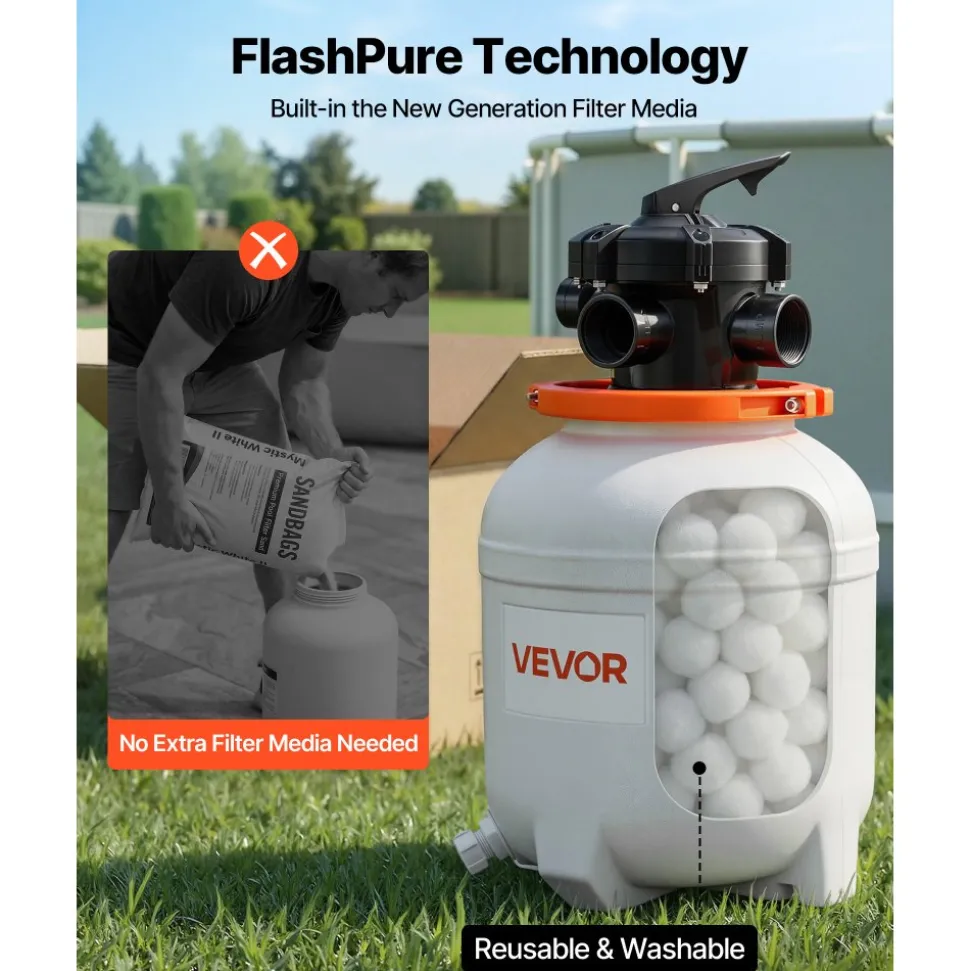 VEVOR 0.5 HP 3000 GPH FlashPure Sand Filter Pump, 12 Inch Swimming Pool Pump, 6X Faster Filtration, Leak-Proof Design, Pre-Loaded Media with Timer, Filtration & Clarity, Out of Box Use for Above Ground Pool