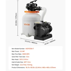 VEVOR 0.5 HP 3000 GPH FlashPure Sand Filter Pump, 12 Inch Swimming Pool Pump, 6X Faster Filtration, Leak-Proof Design, Pre-Loaded Media with Timer, Filtration & Clarity, Out of Box Use for Above Ground Pool