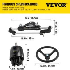 VEVOR 300HP Hydraulic Boat Steering Kit, Hydraulic Steering Helm Pump, Aluminum Alloy Steering Cylinder, 13.5" Steering Wheel with 10" Hydraulic Steering Hose for Boat Steering System