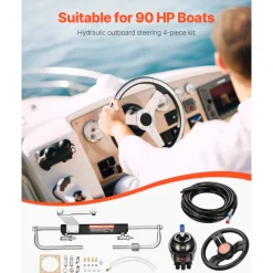 VEVOR 90HP Hydraulic Outboard Steering Kit, Marine Boat Hydraulic Steering System with 13.5-inch Steering Wheel, Helm Pump, Hydraulic Cylinder & 2PCS 26FT Hoses for Single Station Single-Engine Boats