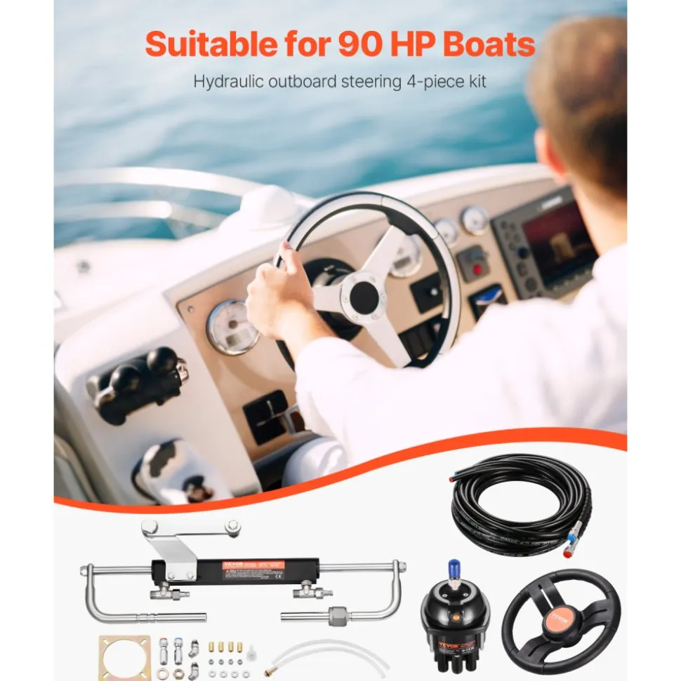 VEVOR 90HP Hydraulic Outboard Steering Kit, Marine Boat Hydraulic Steering System with 13.5-inch Steering Wheel, Helm Pump, Hydraulic Cylinder & 2PCS 26FT Hoses for Single Station Single-Engine Boats