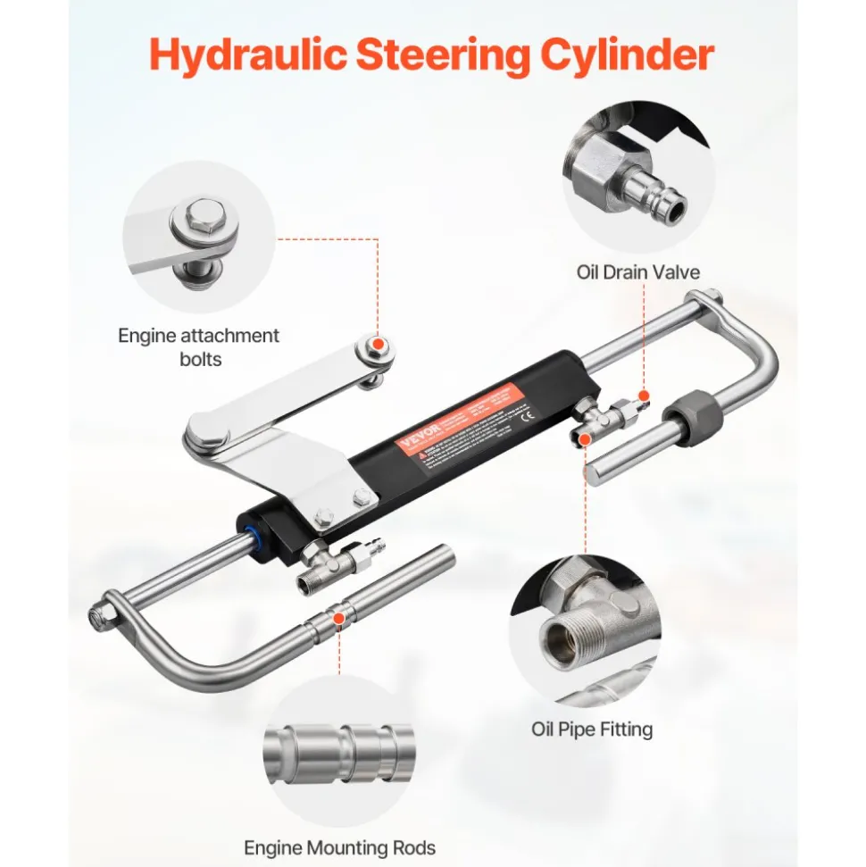 VEVOR 90HP Hydraulic Outboard Steering Kit, Marine Boat Hydraulic Steering System with 13.5-inch Steering Wheel, Helm Pump, Hydraulic Cylinder & 2PCS 26FT Hoses for Single Station Single-Engine Boats