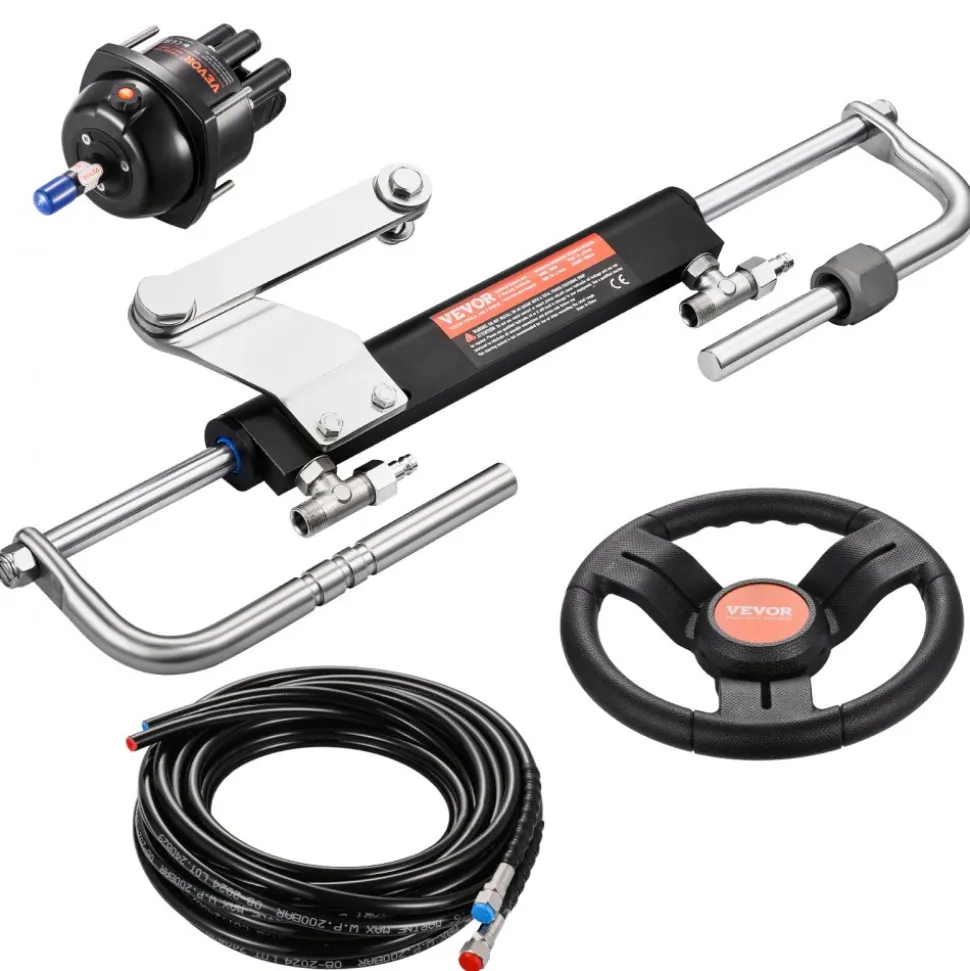 VEVOR 90HP Hydraulic Outboard Steering Kit, Marine Boat Hydraulic Steering System with 13.5-inch Steering Wheel, Helm Pump, Hydraulic Cylinder & 2PCS 26FT Hoses for Single Station Single-Engine Boats