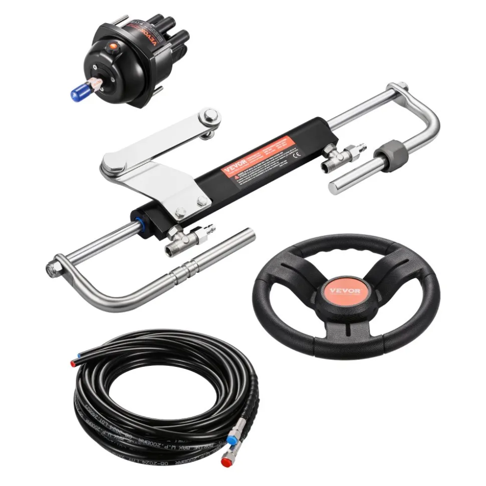 VEVOR 90HP Hydraulic Outboard Steering Kit, Marine Boat Hydraulic Steering System with 13.5-inch Steering Wheel, Helm Pump, Hydraulic Cylinder & 2PCS 26FT Hoses for Single Station Single-Engine Boats