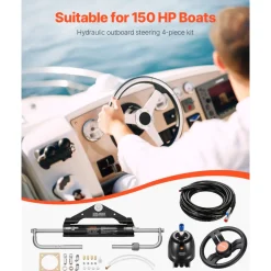 VEVOR 150HP Hydraulic Outboard Steering Kit, Marine Boat Hydraulic Steering System with 13.5-inch Steering Wheel, Helm Pump, Hydraulic Cylinder & 2PCS 26FT Hoses for Single Station Single-Engine Boats