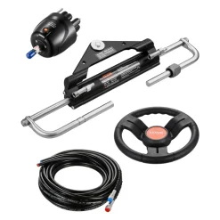 VEVOR 150HP Hydraulic Outboard Steering Kit, Marine Boat Hydraulic Steering System with 13.5-inch Steering Wheel, Helm Pump, Hydraulic Cylinder & 2PCS 26FT Hoses for Single Station Single-Engine Boats