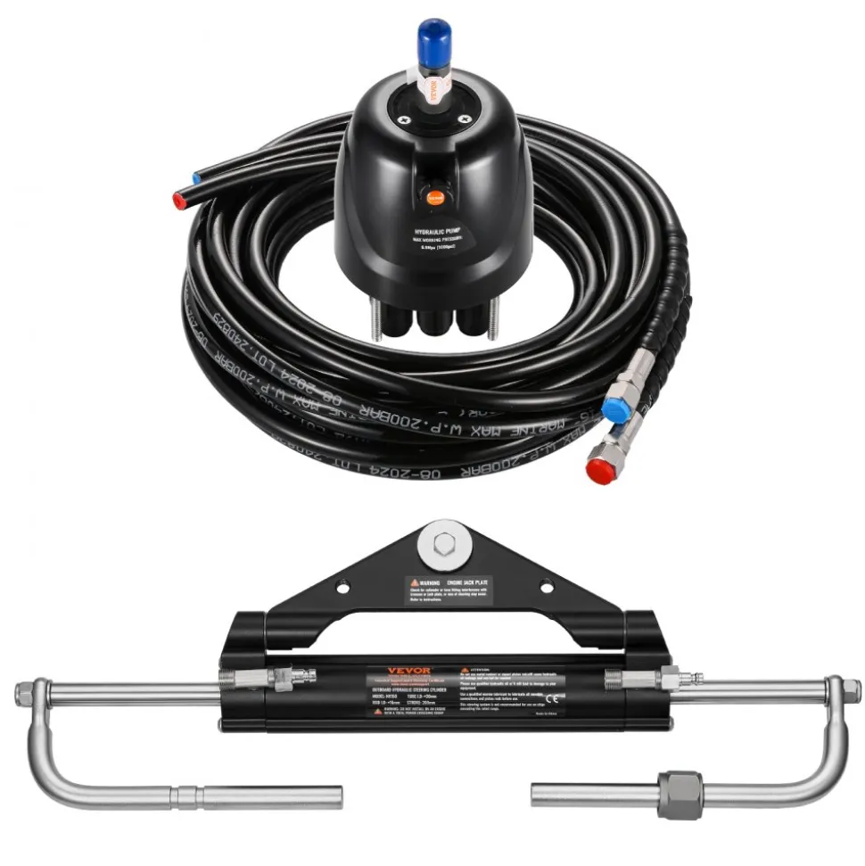 VEVOR 150HP Hydraulic Outboard Steering Kit, Marine Boat Hydraulic Steering System with 13.5-inch Steering Wheel, Helm Pump, Hydraulic Cylinder & 2PCS 26FT Hoses for Single Station Single-Engine Boats