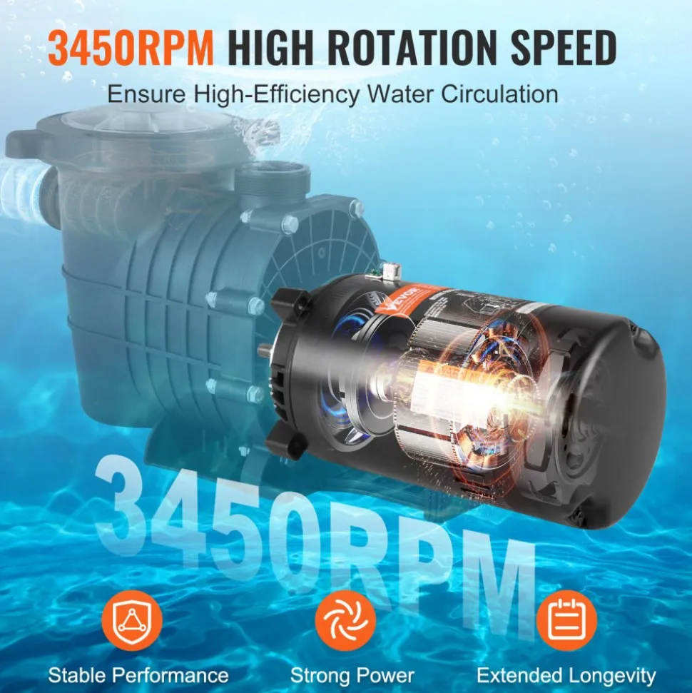 VEVOR 0.75 HP Pool Pump Motor, 56J Frame, 115V(8 Amps)/230V(4 Amps) 3450 RPM, 60Hz, 1.5 Service Factor, 80μF/250V Capacitor, CCW Rotation Round Flange Replacement Motor