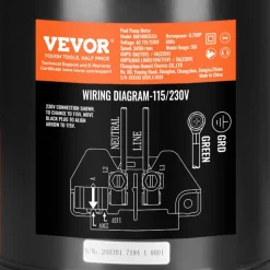 VEVOR 0.75 HP Pool Pump Motor, 56J Frame, 115V(8 Amps)/230V(4 Amps) 3450 RPM, 60Hz, 1.5 Service Factor, 80μF/250V Capacitor, CCW Rotation Round Flange Replacement Motor