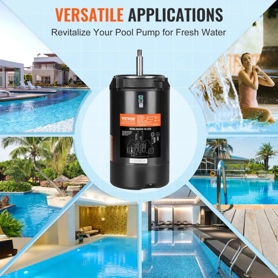 VEVOR 0.75 HP Pool Pump Motor, 56J Frame, 115V(8 Amps)/230V(4 Amps) 3450 RPM, 60Hz, 1.5 Service Factor, 80μF/250V Capacitor, CCW Rotation Round Flange Replacement Motor