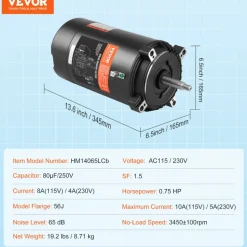 VEVOR 0.75 HP Pool Pump Motor, 56J Frame, 115V(8 Amps)/230V(4 Amps) 3450 RPM, 60Hz, 1.5 Service Factor, 80μF/250V Capacitor, CCW Rotation Round Flange Replacement Motor