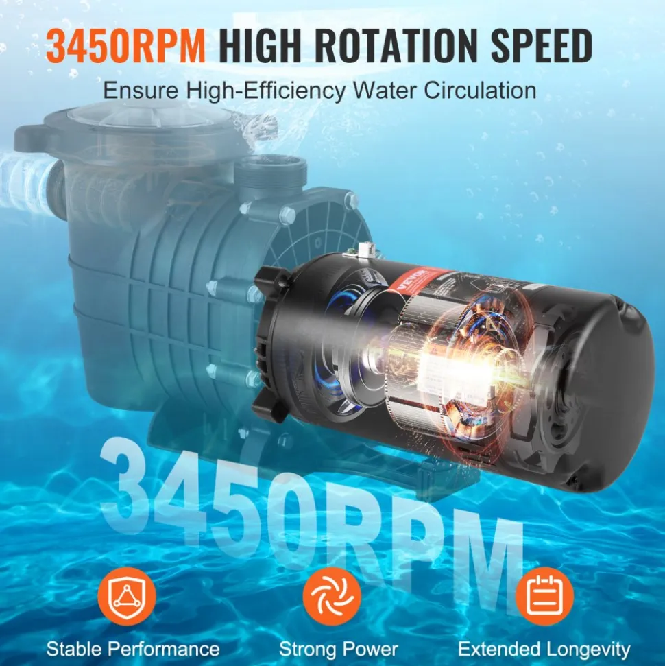VEVOR 1.5 HP Pool Pump Motor, 56J Frame, 115V(13.6 Amps)/230V(6.8 Amps) 3450 RPM, 60Hz, 1.3 Service Factor, 90μF/250V Capacitor, CCW Rotation Round Flange Replacement Motor