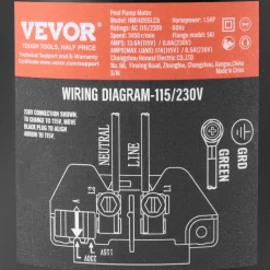 VEVOR 1.5 HP Pool Pump Motor, 56J Frame, 115V(13.6 Amps)/230V(6.8 Amps) 3450 RPM, 60Hz, 1.3 Service Factor, 90μF/250V Capacitor, CCW Rotation Round Flange Replacement Motor