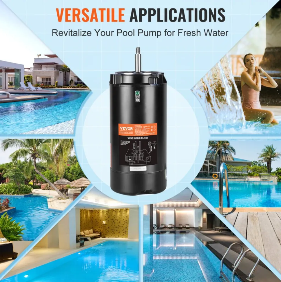 VEVOR 1.5 HP Pool Pump Motor, 56J Frame, 115V(13.6 Amps)/230V(6.8 Amps) 3450 RPM, 60Hz, 1.3 Service Factor, 90μF/250V Capacitor, CCW Rotation Round Flange Replacement Motor