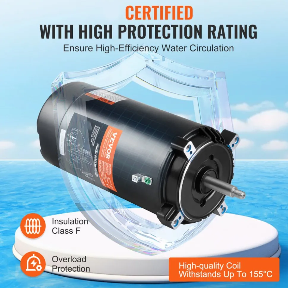 VEVOR 1.5 HP Pool Pump Motor, 56J Frame, 115V(13.6 Amps)/230V(6.8 Amps) 3450 RPM, 60Hz, 1.3 Service Factor, 90μF/250V Capacitor, CCW Rotation Round Flange Replacement Motor