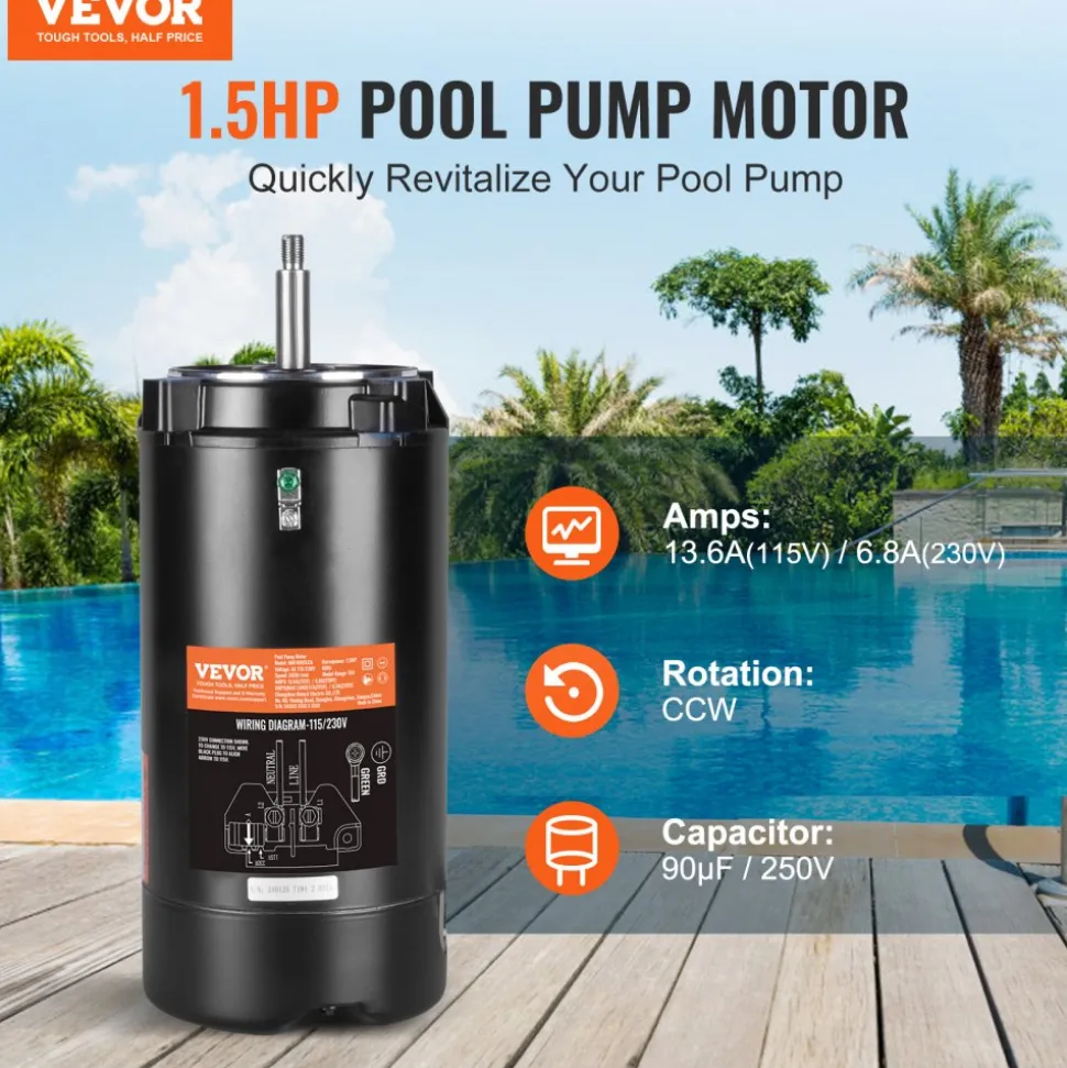 VEVOR 1.5 HP Pool Pump Motor, 56J Frame, 115V(13.6 Amps)/230V(6.8 Amps) 3450 RPM, 60Hz, 1.3 Service Factor, 90μF/250V Capacitor, CCW Rotation Round Flange Replacement Motor