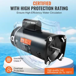 VEVOR 1.5 HP Pool Pump Motor, 56Y Frame, 115V((12.8 Amps))/230V(6.4 Amps) 3450 RPM, 60Hz, 1.1 Service Factor, 90ÎĵF/250V Capacitor, CCW Rotation Square Flange Replacement Motor