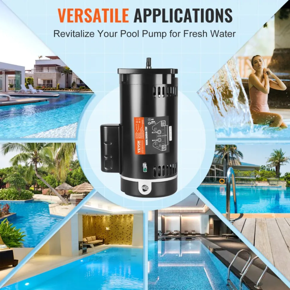 VEVOR 2 HP Pool Pump Motor, 56Y Frame, 230V (7.8 Amps) 3450 RPM, 60Hz, 1.3 Service Factor, 50μF/250V Capacitor, CCW Rotation Square Flange Replacement Motor