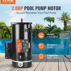 VEVOR 2 HP Pool Pump Motor, 56Y Frame, 230V (7.8 Amps) 3450 RPM, 60Hz, 1.3 Service Factor, 50μF/250V Capacitor, CCW Rotation Square Flange Replacement Motor