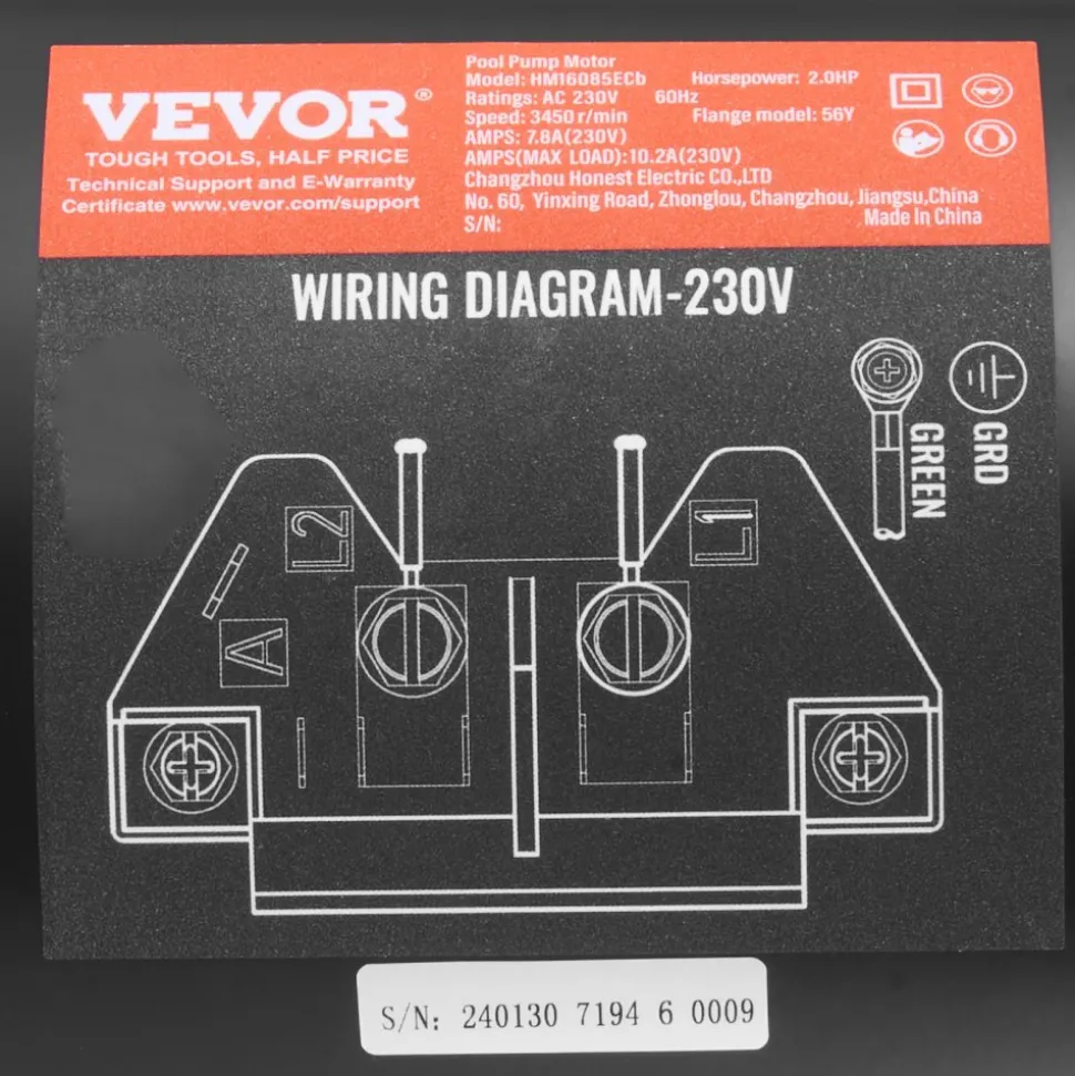 VEVOR 2 HP Pool Pump Motor, 56Y Frame, 230V (7.8 Amps) 3450 RPM, 60Hz, 1.3 Service Factor, 50μF/250V Capacitor, CCW Rotation Square Flange Replacement Motor