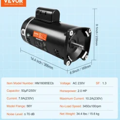 VEVOR 2 HP Pool Pump Motor, 56Y Frame, 230V (7.8 Amps) 3450 RPM, 60Hz, 1.3 Service Factor, 50μF/250V Capacitor, CCW Rotation Square Flange Replacement Motor