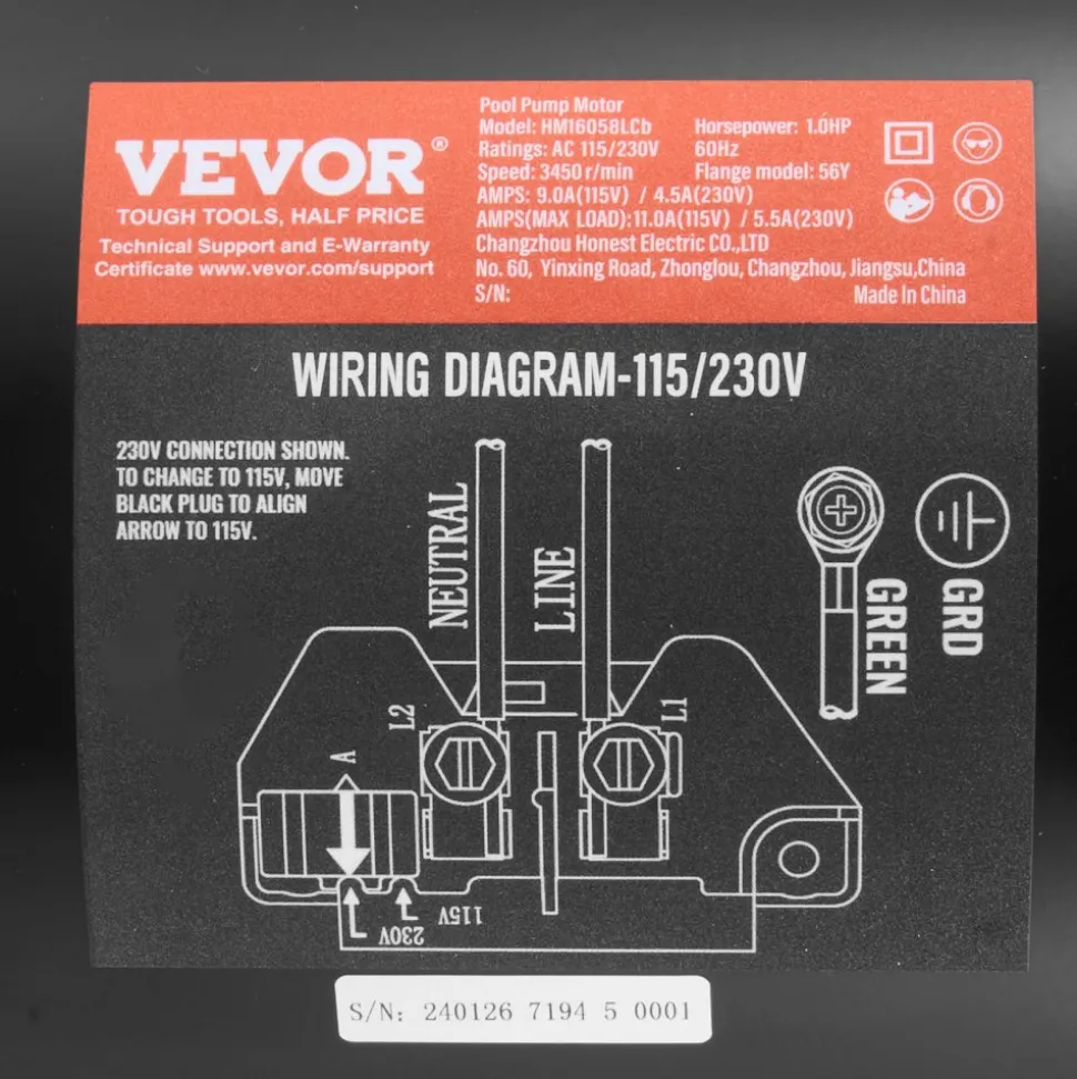 VEVOR 1 HP Pool Pump Motor, 56Y Frame, 115V(9 Amps)/230V(4.5 Amps) 3450RPM, 60Hz, 1.25 Service Factor, 90μF/250V Capacitor, CCW Rotation Square Flange Replacement Motor