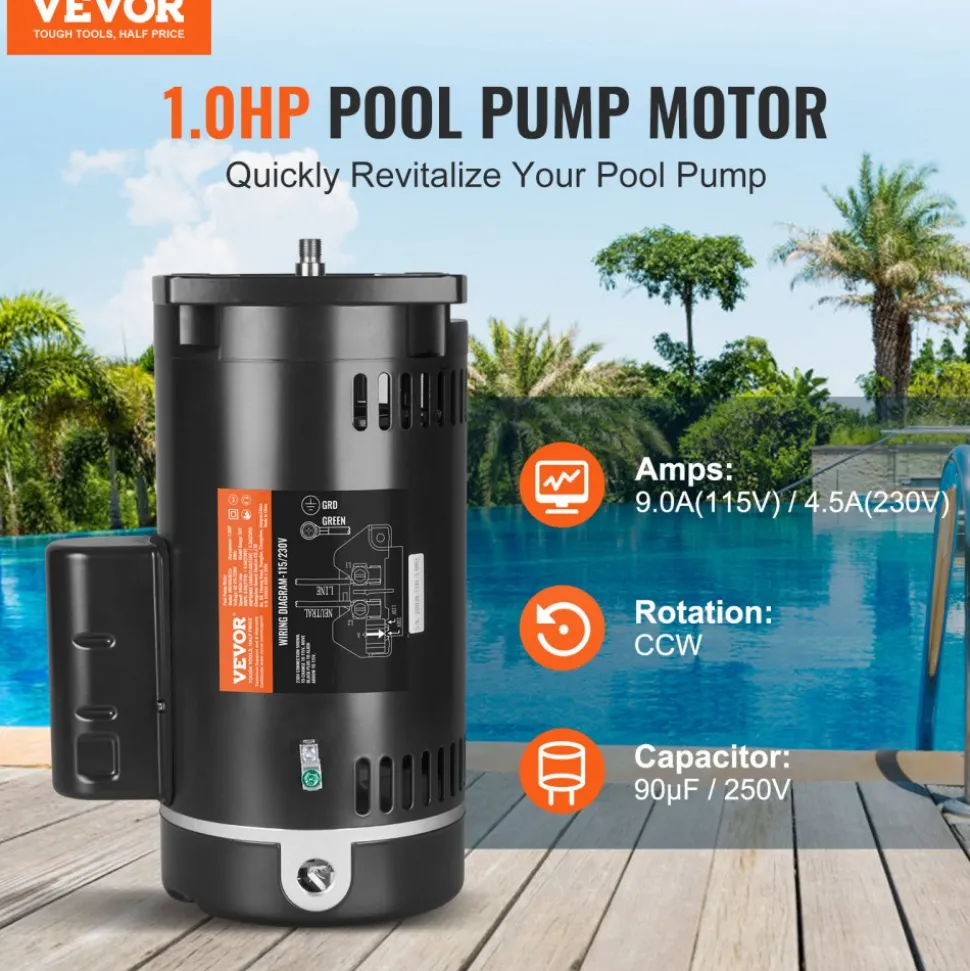 VEVOR 1 HP Pool Pump Motor, 56Y Frame, 115V(9 Amps)/230V(4.5 Amps) 3450RPM, 60Hz, 1.25 Service Factor, 90μF/250V Capacitor, CCW Rotation Square Flange Replacement Motor
