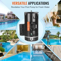 VEVOR 1 HP Pool Pump Motor, 56Y Frame, 115V(9 Amps)/230V(4.5 Amps) 3450RPM, 60Hz, 1.25 Service Factor, 90μF/250V Capacitor, CCW Rotation Square Flange Replacement Motor