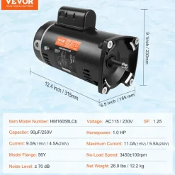 VEVOR 1 HP Pool Pump Motor, 56Y Frame, 115V(9 Amps)/230V(4.5 Amps) 3450RPM, 60Hz, 1.25 Service Factor, 90μF/250V Capacitor, CCW Rotation Square Flange Replacement Motor