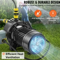 VEVOR 1HP Premium Cast Iron Shallow Well Jet Water Pump, 115 Volt, 17.6 GPM 164 FT Maximum Head Irrigation Water Pump, for Agricultural Garden Irrigation System High-Rise Water Supply Shower Booster