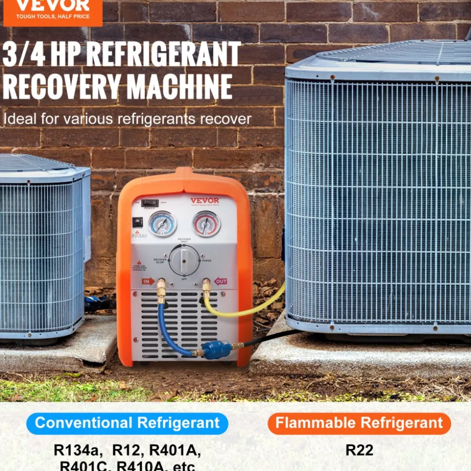 VEVOR 3/4 HP Refrigerant Recovery Machine - Portable AC Recovery Machine with High Pressure Protection, 120V 60Hz Refrigerant Recycle Machine HVAC for Car Air Conditioning, Vapor Liquid Refrigerant