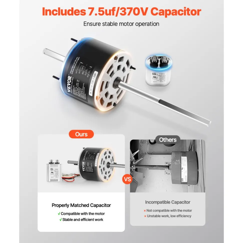 VEVOR 1/3HP RV Air Conditioner Motor with Capacitor, AC115V 3A, 1675 RPM, Replacement for Coleman Mach RV AC Fan Motor, Replaces Fasco D1092, 1468-306, 1468-3068, 1468-3069, 7184-0156, 7184-0432