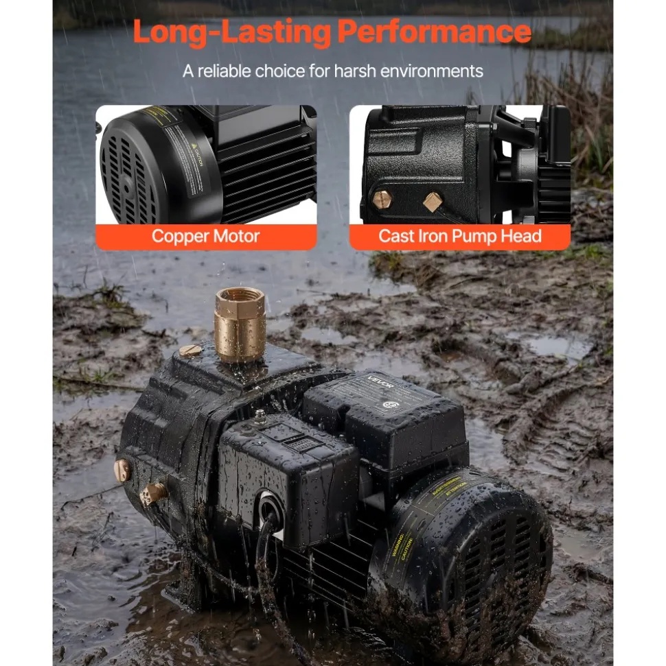 VEVOR 1 HP Shallow Well Jet Pump, AC 115/230 Volt, 1400 GPH Dual Voltage Cast Iron Well Jet Pump, with 164 ft Max Head Lift, Automatic Pressure Switch, for Garden Irrigation Lawn Sprinkler System
