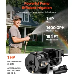 VEVOR 1 HP Shallow Well Jet Pump, AC 115/230 Volt, 1400 GPH Dual Voltage Cast Iron Well Jet Pump, with 164 ft Max Head Lift, Automatic Pressure Switch, for Garden Irrigation Lawn Sprinkler System