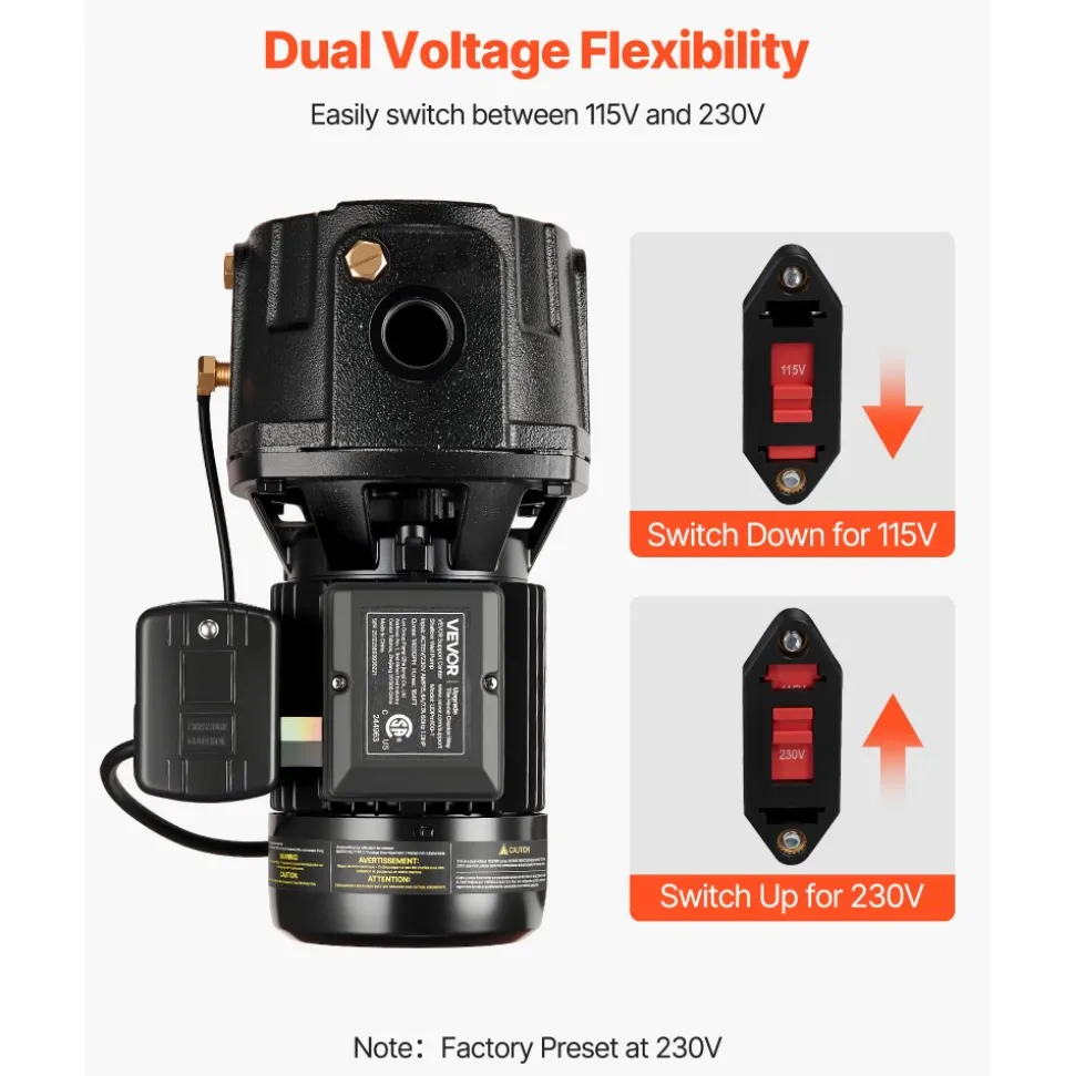 VEVOR 1 HP Shallow Well Jet Pump, AC 115/230 Volt, 1400 GPH Dual Voltage Cast Iron Well Jet Pump, with 164 ft Max Head Lift, Automatic Pressure Switch, for Garden Irrigation Lawn Sprinkler System