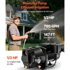 VEVOR 1/2 HP Shallow Well Jet Pump, AC 115/230 Volt, 790 GPH Dual Voltage Cast Iron Well Jet Pump, with 147 ft Max Head Lift, Automatic Pressure Switch, for Garden Irrigation Lawn Sprinkler System