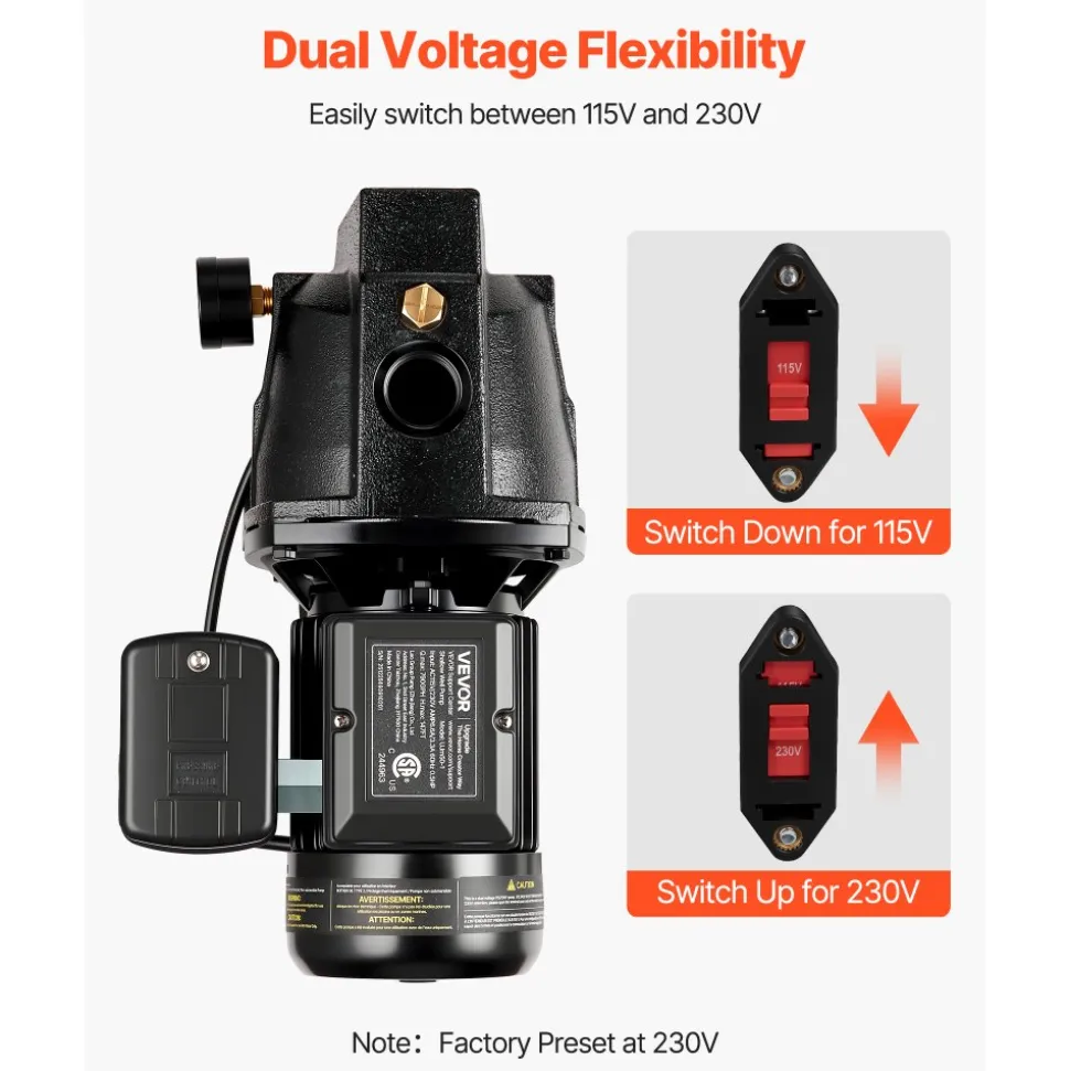 VEVOR 1/2 HP Shallow Well Jet Pump, AC 115/230 Volt, 790 GPH Dual Voltage Cast Iron Well Jet Pump, with 147 ft Max Head Lift, Automatic Pressure Switch, for Garden Irrigation Lawn Sprinkler System