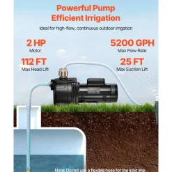 VEVOR 2 HP Shallow Well Jet Pump, 230 Volt, 5200 GPH Cast Iron Well Jet Pump, with 112 ft Max Head Lift, Check Valve, Thermal Protection, Automatic On/Off, for Garden Irrigation Lawn Sprinkler System