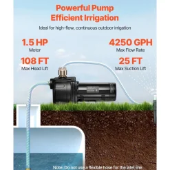 VEVOR 1.5 HP Shallow Well Jet Pump, AC 115/230 Volt, 4250 GPH Dual Voltage Cast Iron Well Jet Pump, with 108 ft Max Head Lift, Easy Voltage Switching, for Garden Irrigation, Lawn Sprinkler System