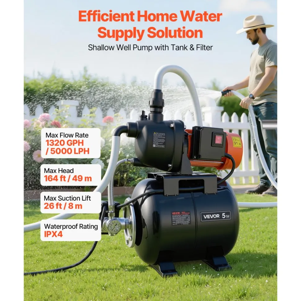VEVOR 1.1 HP Shallow Well Pump with Pressure Tank, 120V 1320 GPH, Plastic Irrigation Jet Pump with 5-Gal Tank, Automatic Water Booster Transfer System, 20/40 PSI Pressure Switch, for Home Garden Lawn