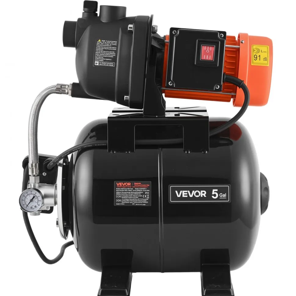 VEVOR 1.1 HP Shallow Well Pump with Pressure Tank, 120V 1320 GPH, Plastic Irrigation Jet Pump with 5-Gal Tank, Automatic Water Booster Transfer System, 20/40 PSI Pressure Switch, for Home Garden Lawn