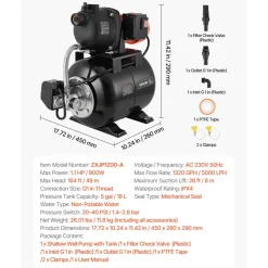 VEVOR 1.1 HP Shallow Well Pump with Pressure Tank, 120V 1320 GPH, Plastic Irrigation Jet Pump with 5-Gal Tank, Automatic Water Booster Transfer System, 20/40 PSI Pressure Switch, for Home Garden Lawn