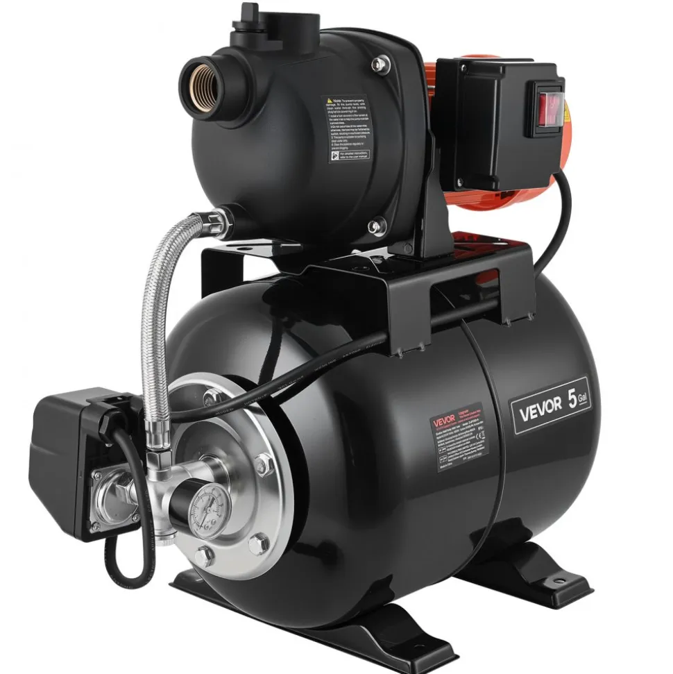 VEVOR 1.1 HP Shallow Well Pump with Pressure Tank, 120V 1320 GPH, Plastic Irrigation Jet Pump with 5-Gal Tank, Automatic Water Booster Transfer System, 20/40 PSI Pressure Switch, for Home Garden Lawn