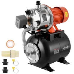 VEVOR 1.6 HP Shallow Well Pump with Pressure Tank, 120V 1320 GPH, Stainless Steel Irrigation Jet Pump with 5-Gal Tank, Automatic Water Booster System, 20/40 PSI Pressure Switch, for Home Garden Lawn