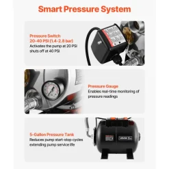 VEVOR 1.6 HP Shallow Well Pump with Pressure Tank, 120V 1320 GPH, Stainless Steel Irrigation Jet Pump with 5-Gal Pressure Tank, Automatic Water Booster System, for Home Garden Lawn, Potable Water